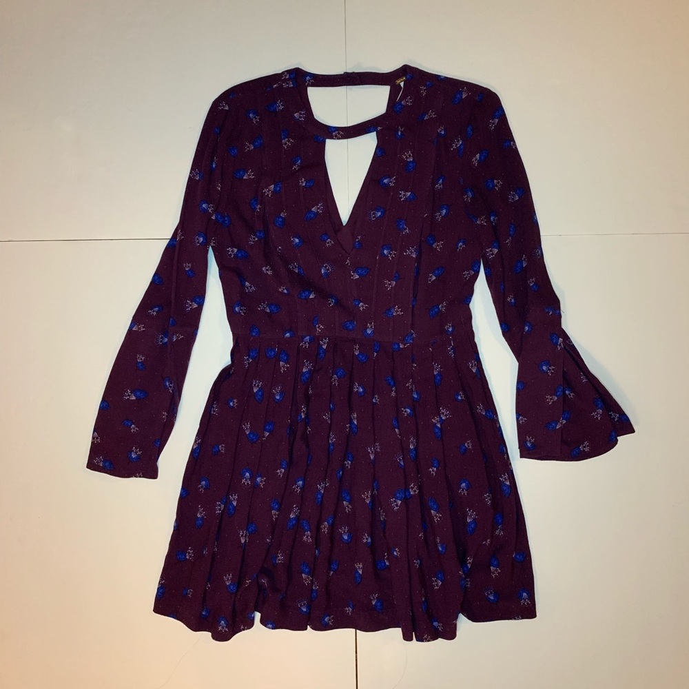 Free People Purple Blue Floral Long Sleeve Dress